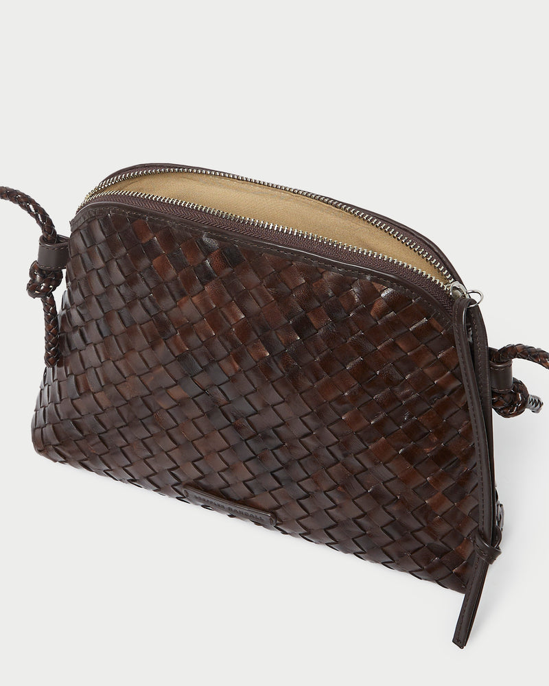 Mallory Chocolate Woven Leather Crossbody in brown chocolate woven leather.