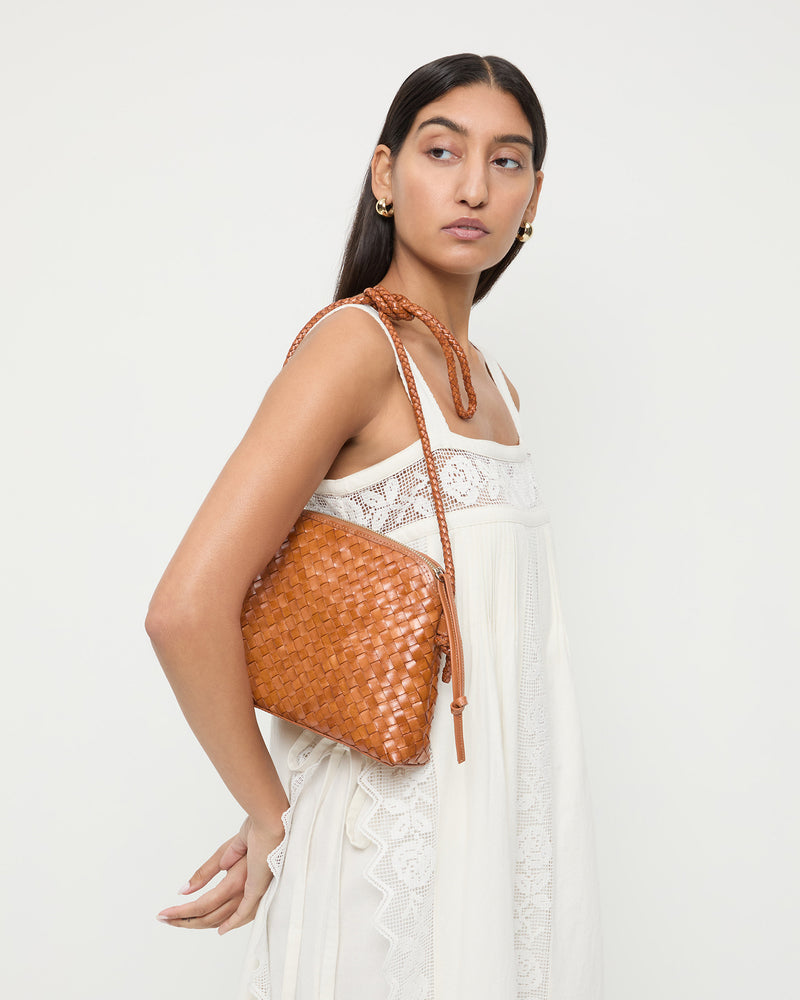 Mallory Timber Woven Leather Crossbody in brown timber woven leather and Poppy Dress in white.
