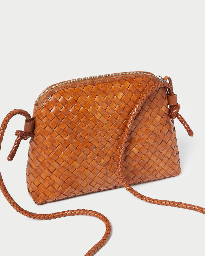 Mallory Timber Woven Leather Crossbody in brown timber woven leather.