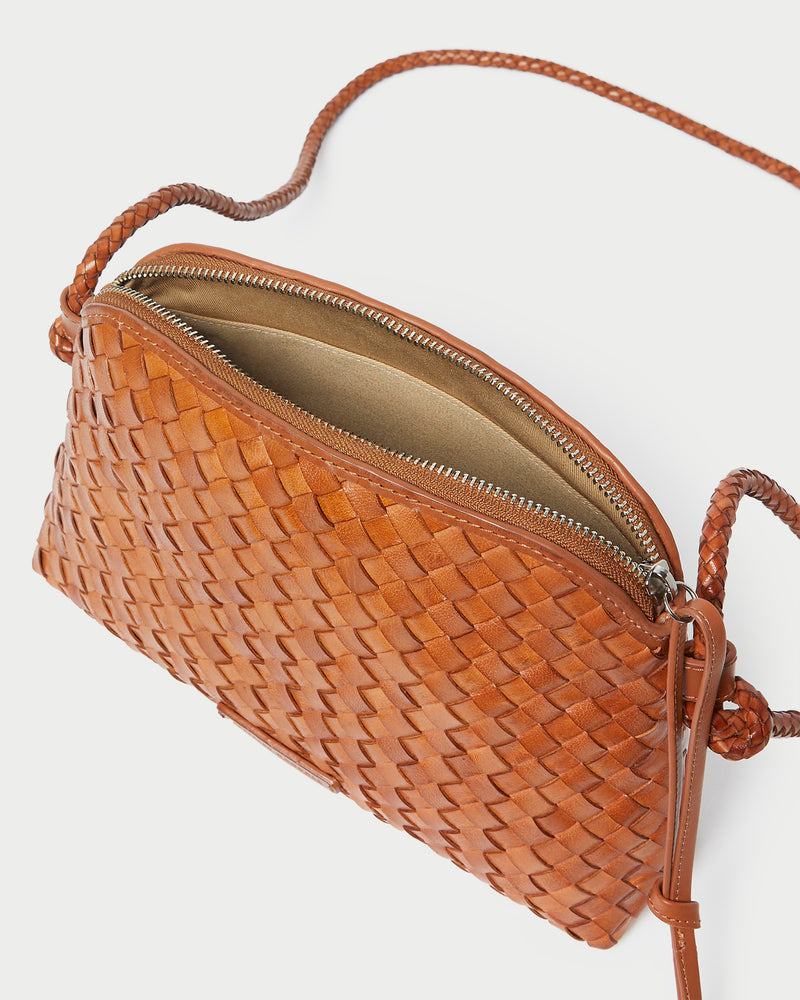 Mallory Timber Woven Leather Crossbody in brown timber woven leather.