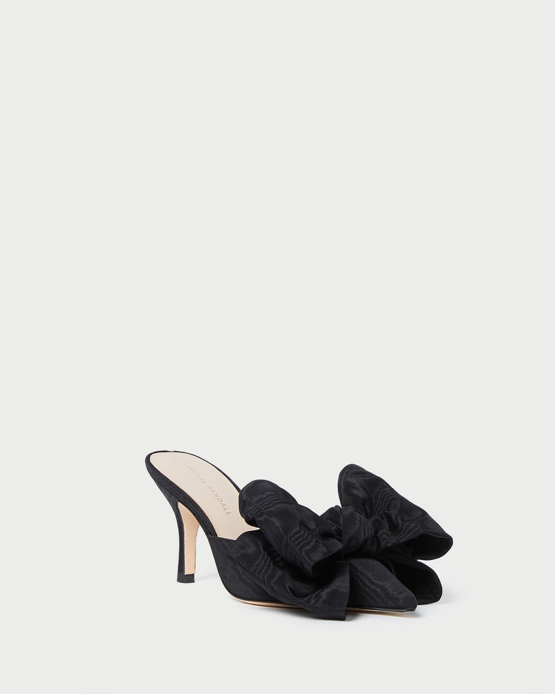 Margot Black Moiré Bow Mule in black moiré.