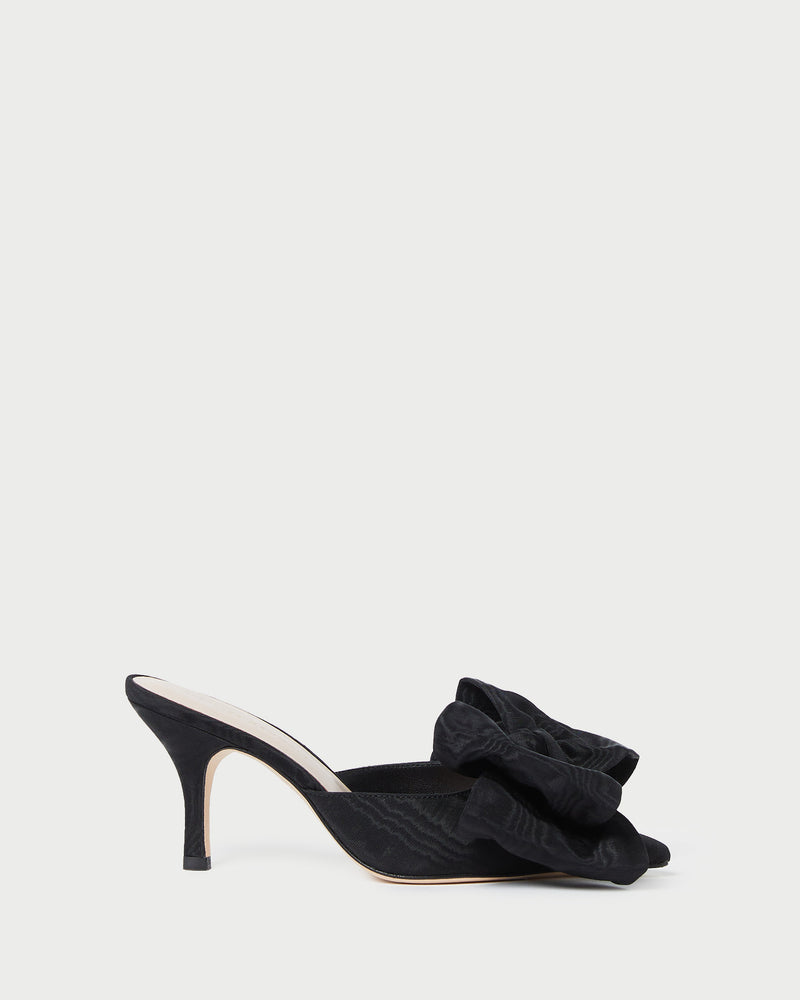 Margot Black Moiré Bow Mule in black moiré.