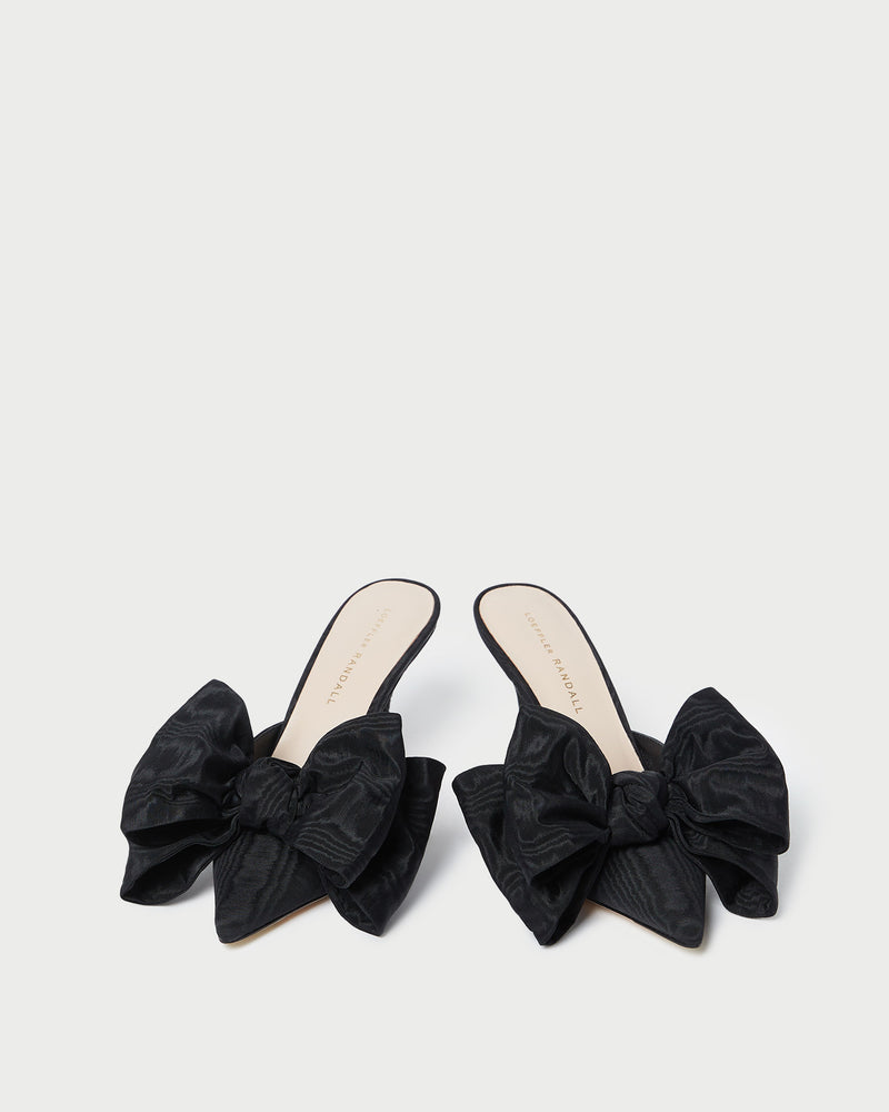 Margot Black Moiré Bow Mule in black moiré.