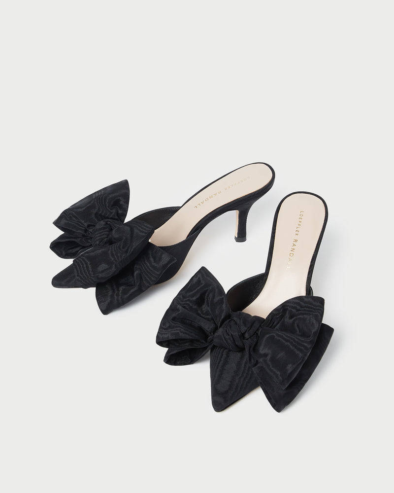 Margot Black Moiré Bow Mule in black moiré.