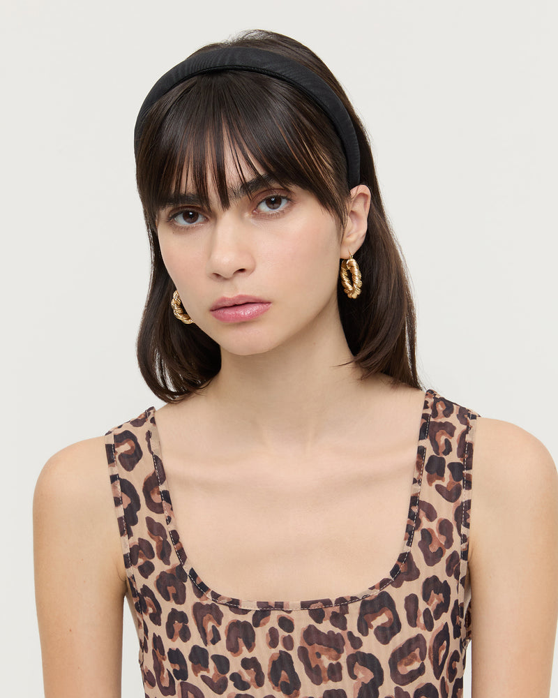 Marina Black Moiré Puffy Headband in black moiré fabric and Kiera Dress in leopard print mesh.