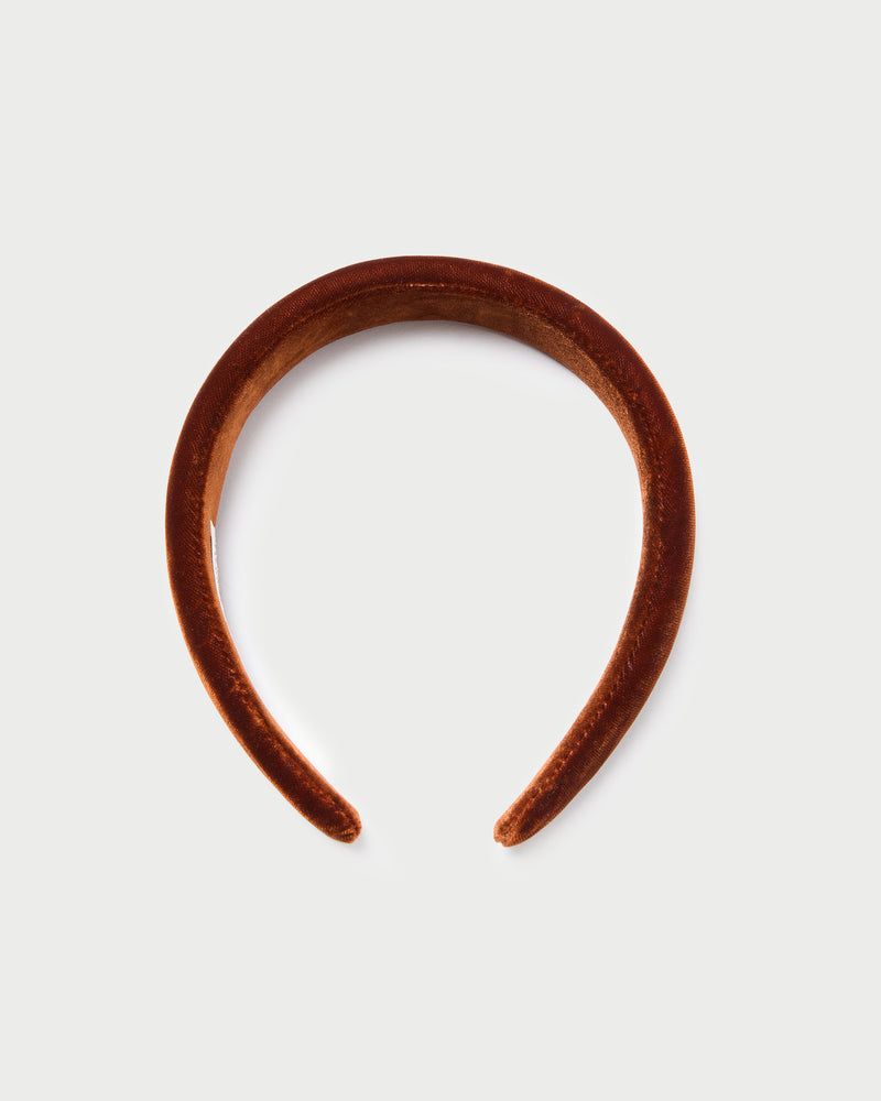 Marina Sienna Velvet Puffy Headband in sienna brown velvet fabric.