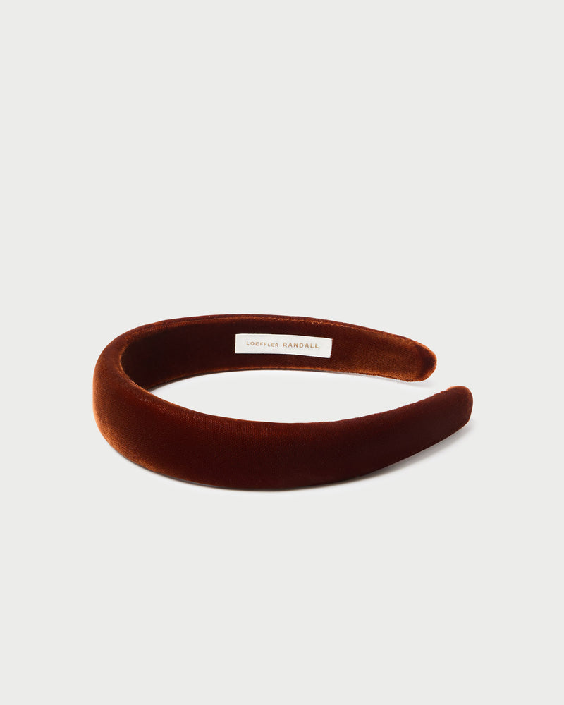 Marina Sienna Velvet Puffy Headband in sienna brown velvet fabric.