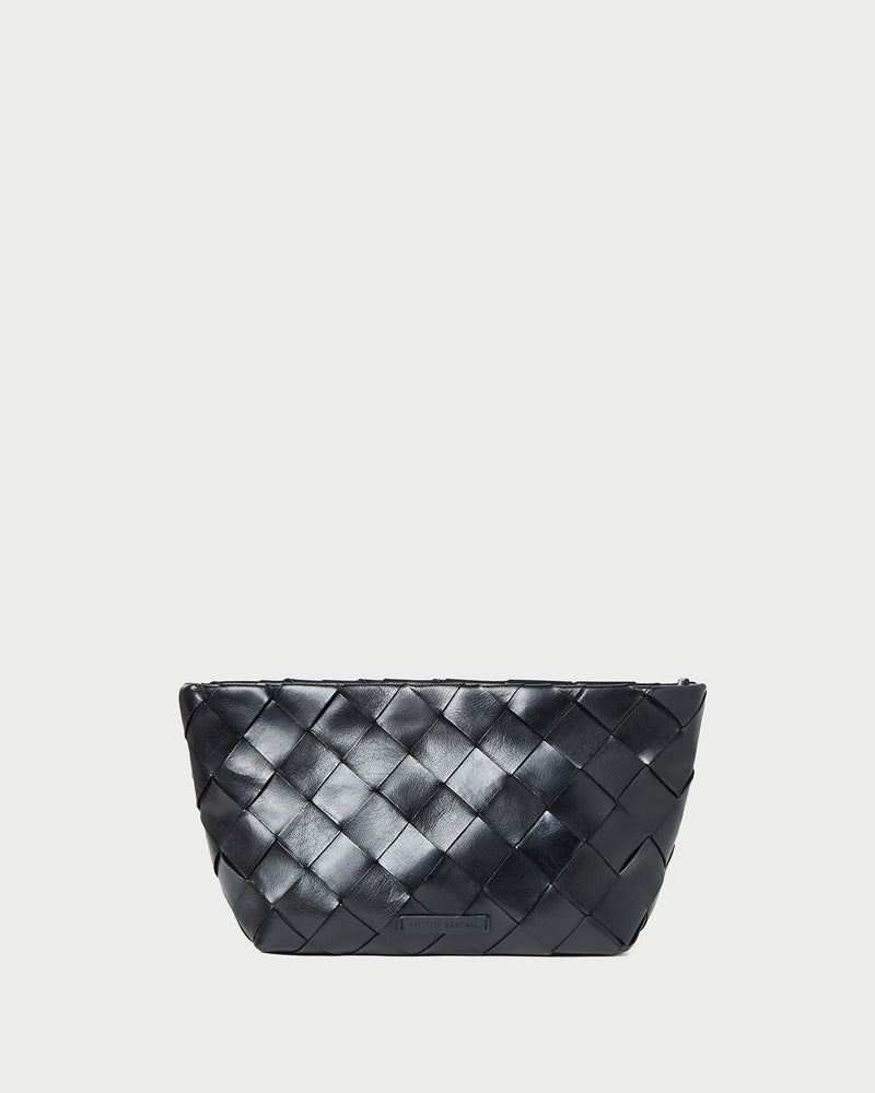 Melina Black Woven Leather Clutch in black woven leather.