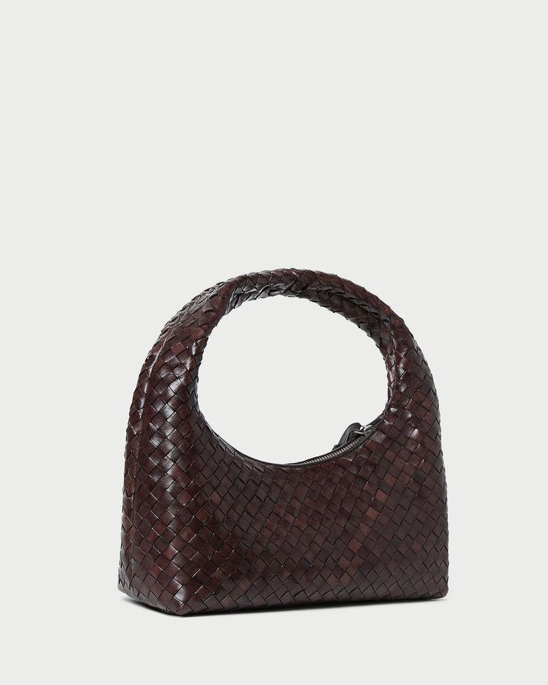Mercer Chocolate Woven Shoulder Bag in brown chocolate woven leather.