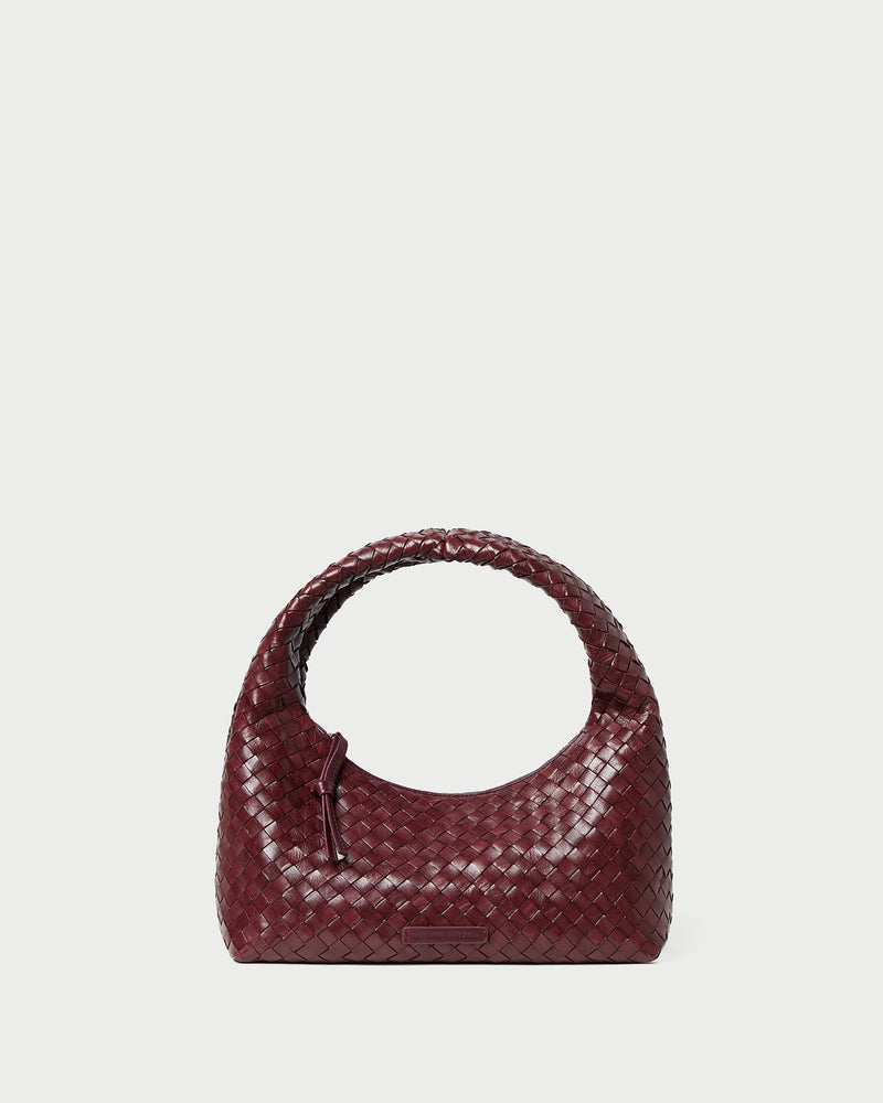 Mercer Maroon Woven Shoulder Bag in maroon woven leather.