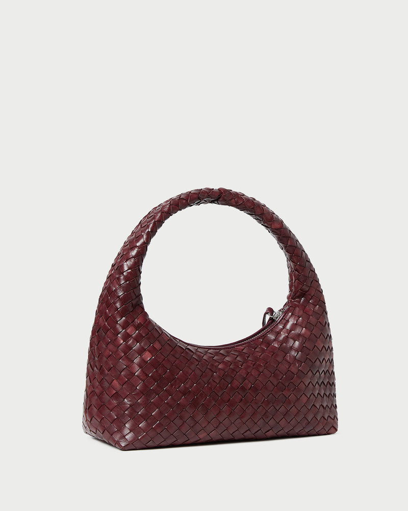 Mercer Maroon Woven Shoulder Bag in maroon woven leather.