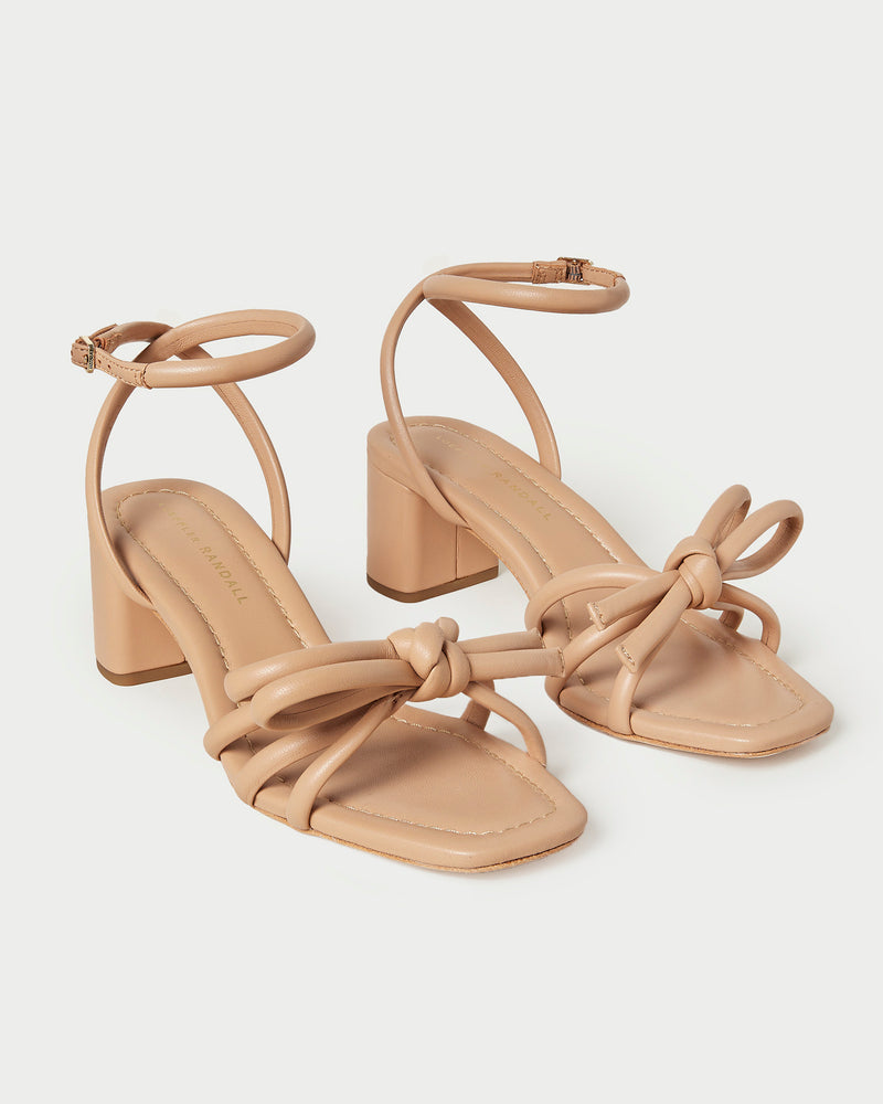 Mikel Dune Bow Mid-Heel Sandal in beige nappa leather