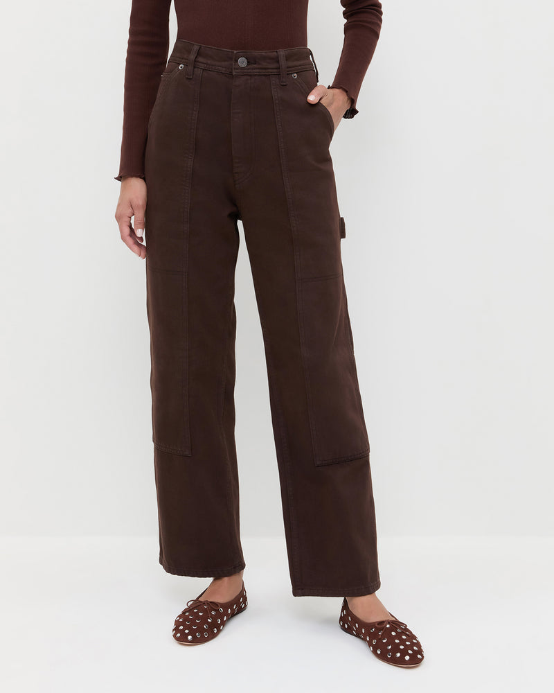 Molly Workwear Jean in dark brown, Lolo Pointelle Long Sleeve in espresso brown, and Landon Espresso/Silver Suede Ballet Flat.