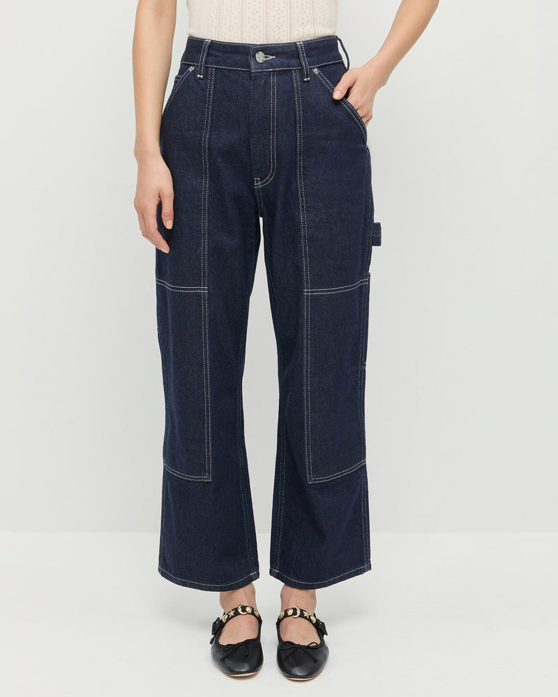 Molly Workwear Jean in dark blue denim, Rylee Pointelle Tank Top in cream, and Chiara Black Leather Mary Jane.