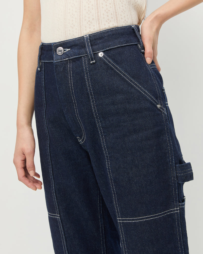 Molly Workwear Jean in dark blue denim and Rylee Pointelle Tank Top in cream.