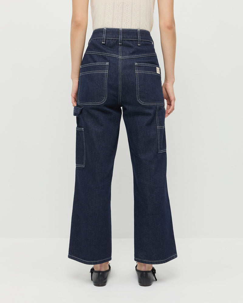 Molly Workwear Jean in dark blue denim, Rylee Pointelle Tank Top in cream, and Chiara Black Leather Mary Jane.
