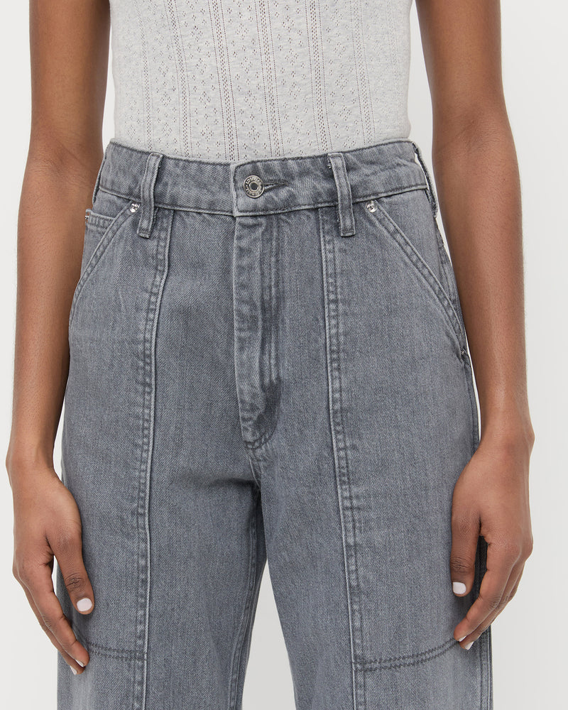 Molly Workwear Jean in grey denim and Rylee Pointelle Tank Top in grey.