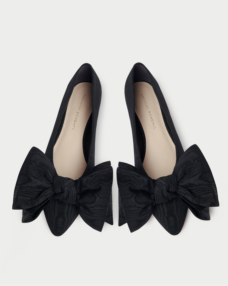Noa Black Moiré Bow Flat in black moiré.