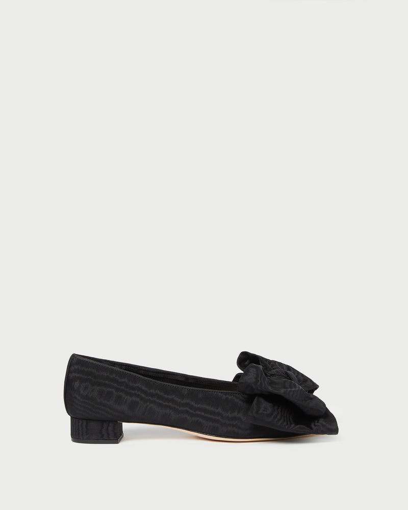 Noa Black Moiré Bow Flat in black moiré.