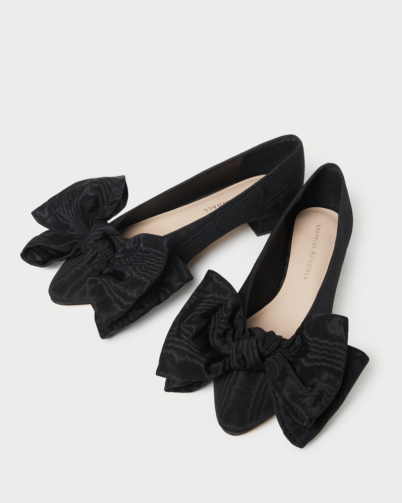 Noa Black Moiré Bow Flat in black moiré.