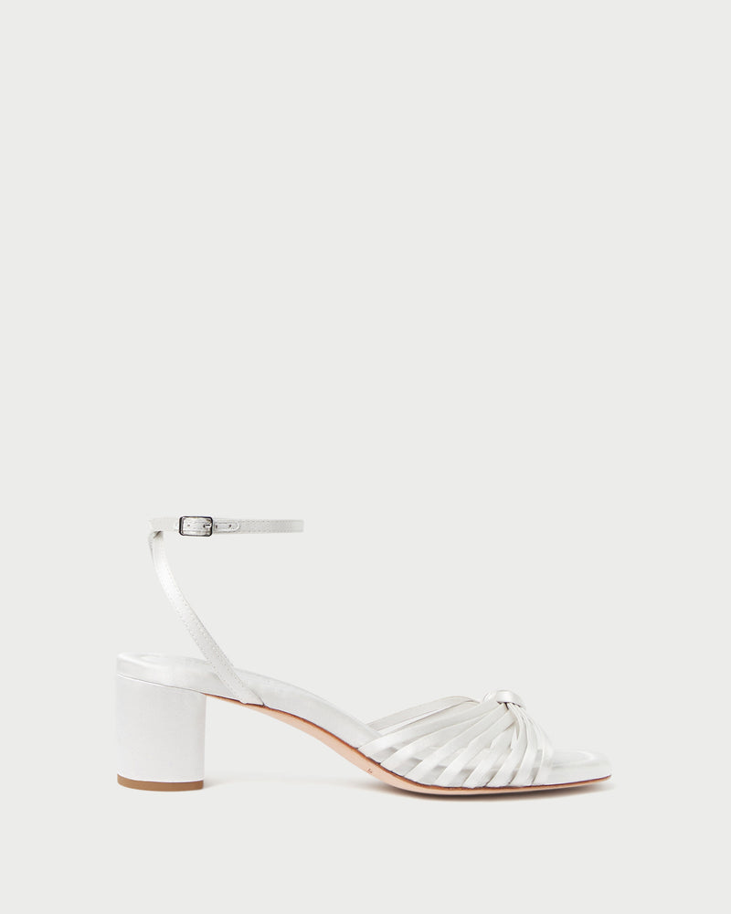 Olivia Cream Knot Mid-Heel Sandal in cream Italian satin