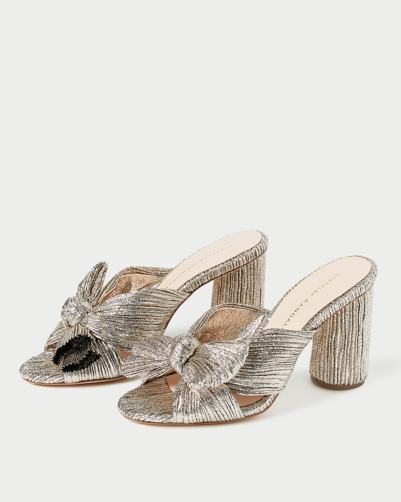 Penny Champagne Pleated Bow Heel in champagne Italian lamé