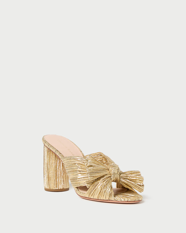 Penny Gold Pleated Bow Heel in gold lamé