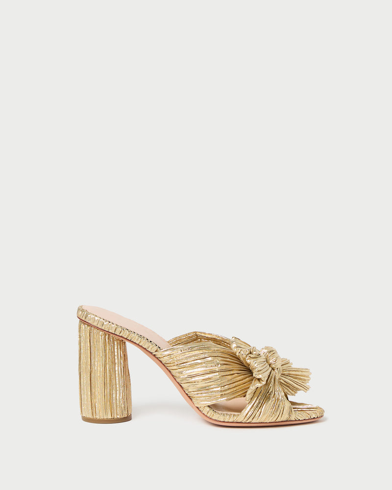 Penny Gold Pleated Bow Heel in gold lamé