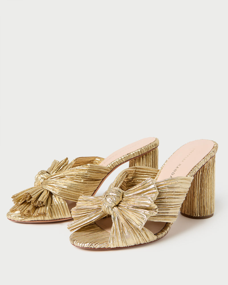 Penny Gold Pleated Bow Heel in gold lamé