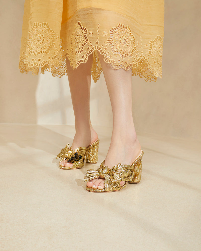 Penny Gold Pleated Bow Heel in gold lamé
