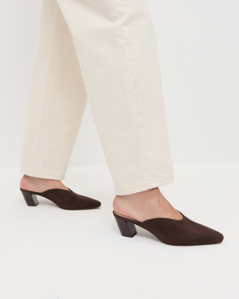 Perry Brown Suede Mule in brown suede and Winona Denim Barrel Pant in natural.
