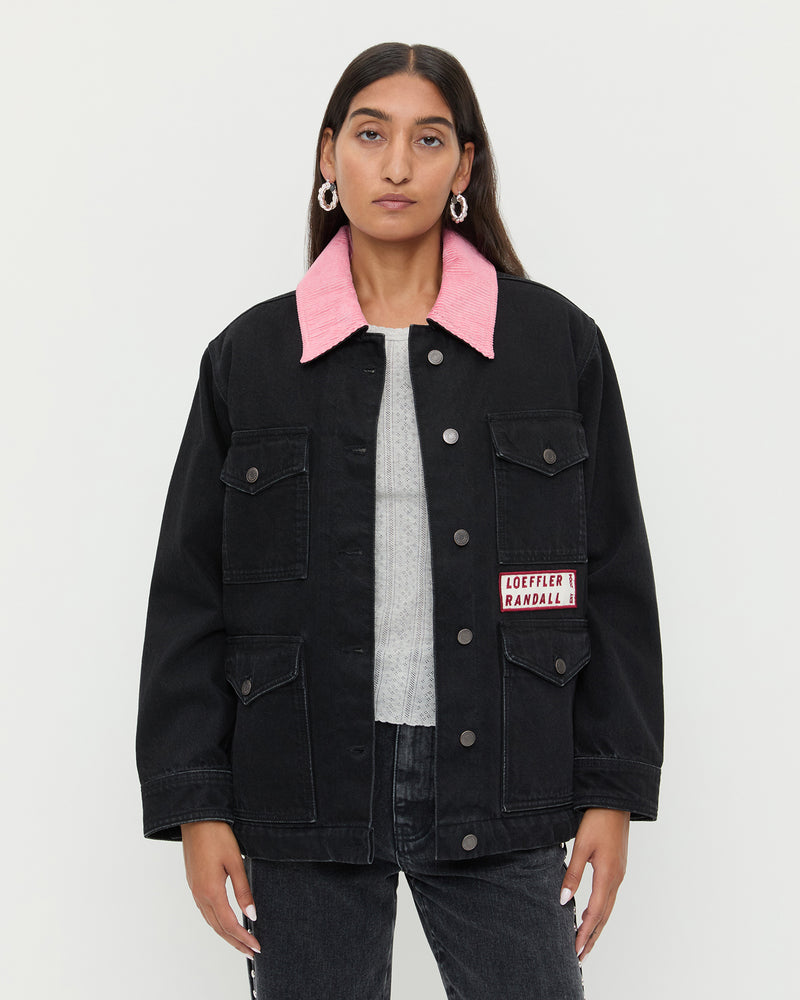 Quincy Jacket in black denim and pink corduroy and Winona Denim Barrel Pant in washed black.