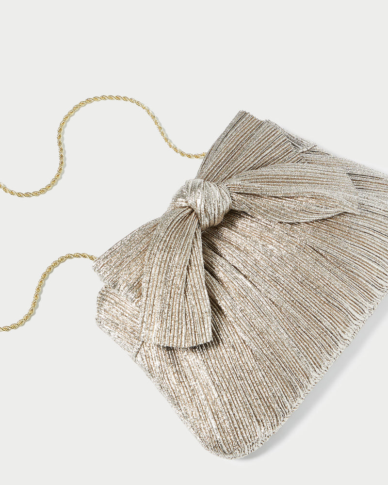 Rayne Champagne Bow Clutch in champagne Italian lamé