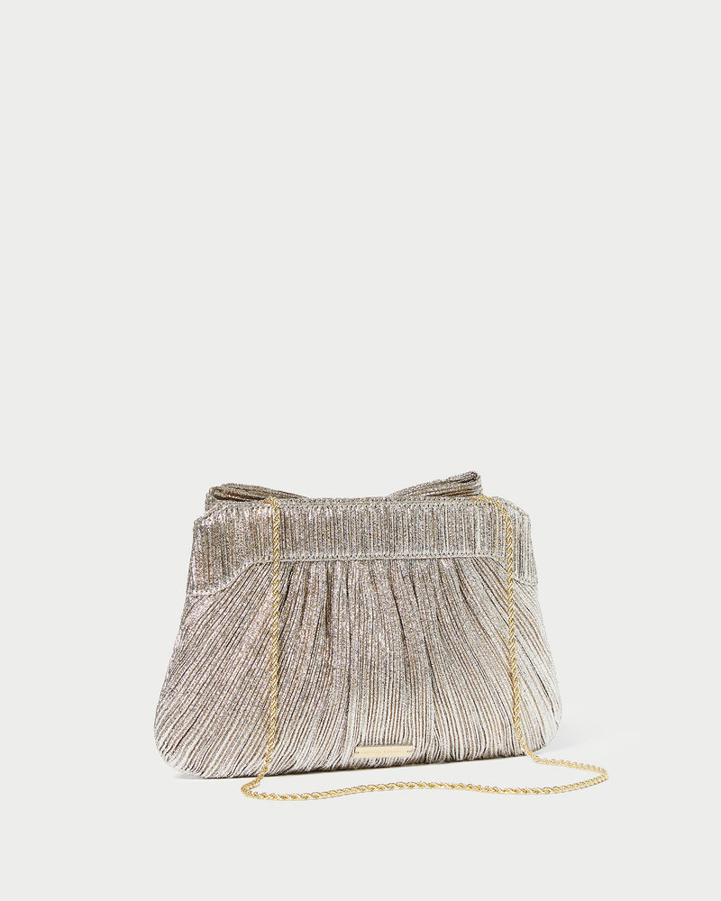 Rayne Champagne Bow Clutch in champagne Italian lamé