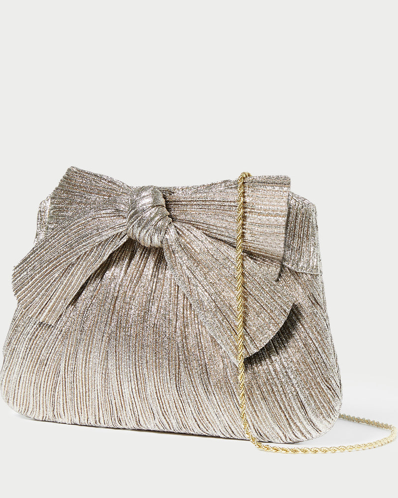 Rayne Champagne Bow Clutch in champagne Italian lamé