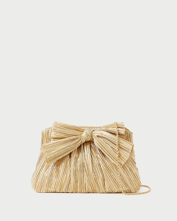 Rayne Gold Bow Clutch in gold pleated lamé
