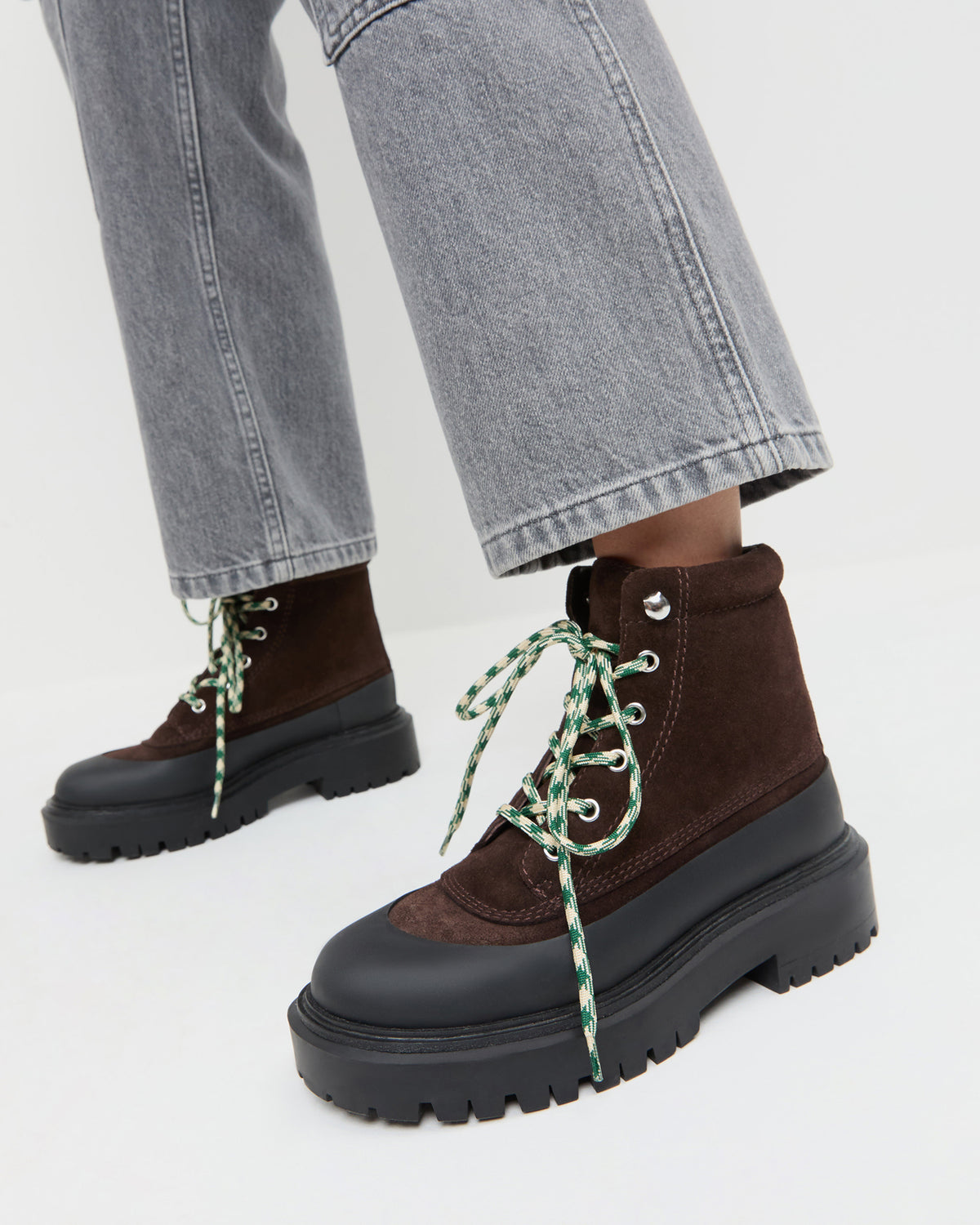 Remy Brown Suede Weather Boot in brown suede and Molly Workwear Jean in grey denim.