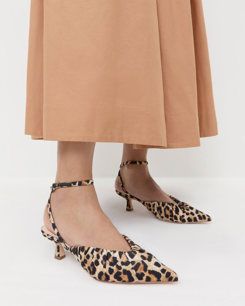 Rio Leopard Jersey Kitten Heel in leopard jersey material and Estelle Dress in brown.