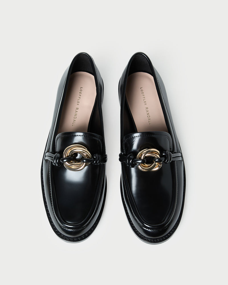 Roma Black Leather Loafer in black leather with a gold accent.