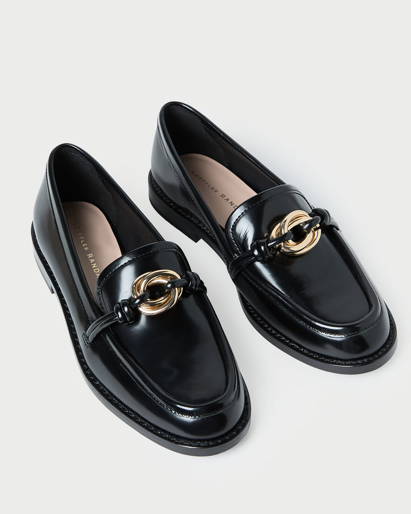 Roma Black Leather Loafer in black leather with a gold accent.