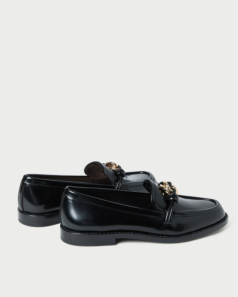 Roma Black Leather Loafer in black leather with a gold accent.