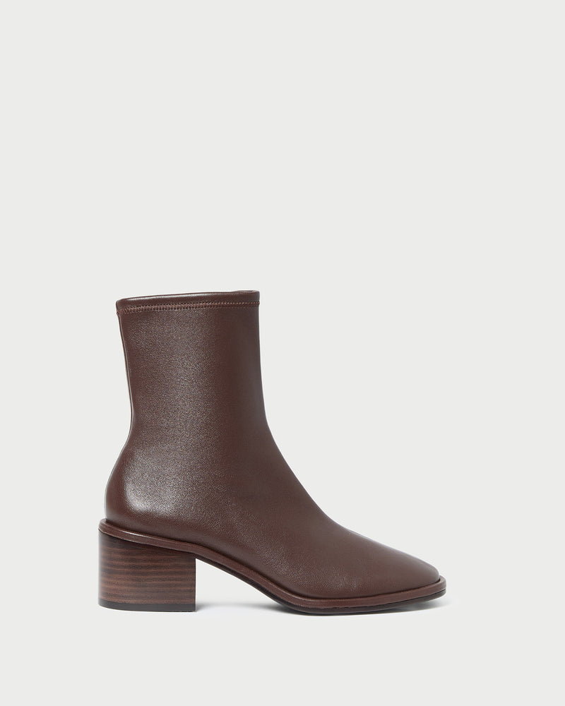 Roxy Espresso Leather Ankle Bootie in brown espresso leather.