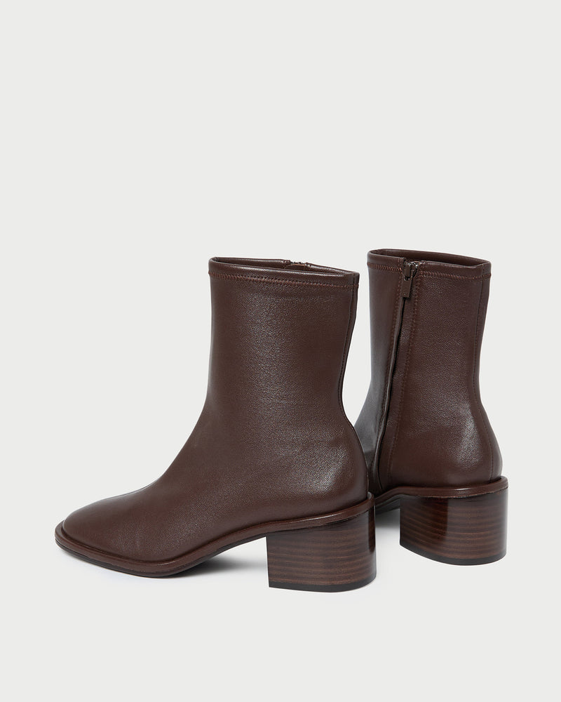 Roxy Espresso Leather Ankle Bootie in brown espresso leather.