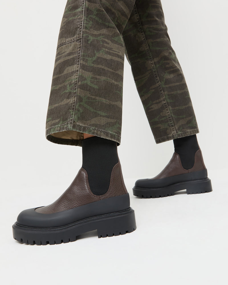 Suri Brown Leather Weather Boot in brown leather and Molly Workwear Jean in camo denim.