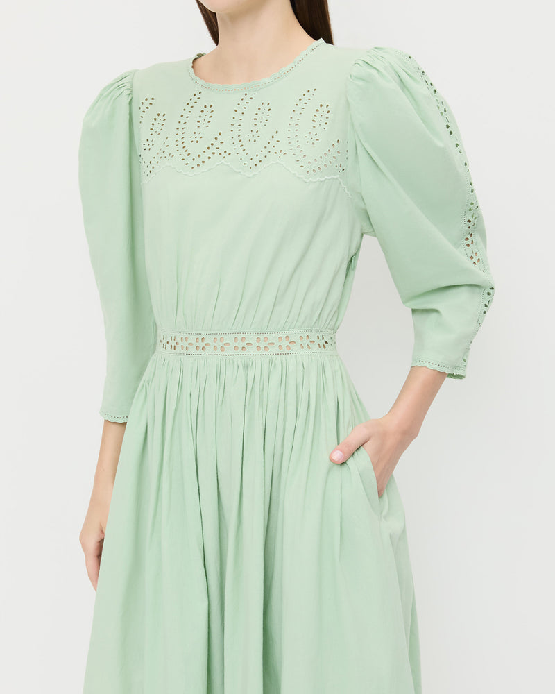 Thelma Eyelet Dress in mint green cotton.