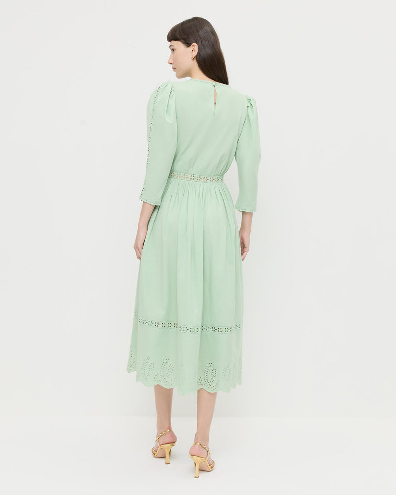 Thelma Eyelet Dress in mint green cotton and Alexandra Gold Slingback Heel.