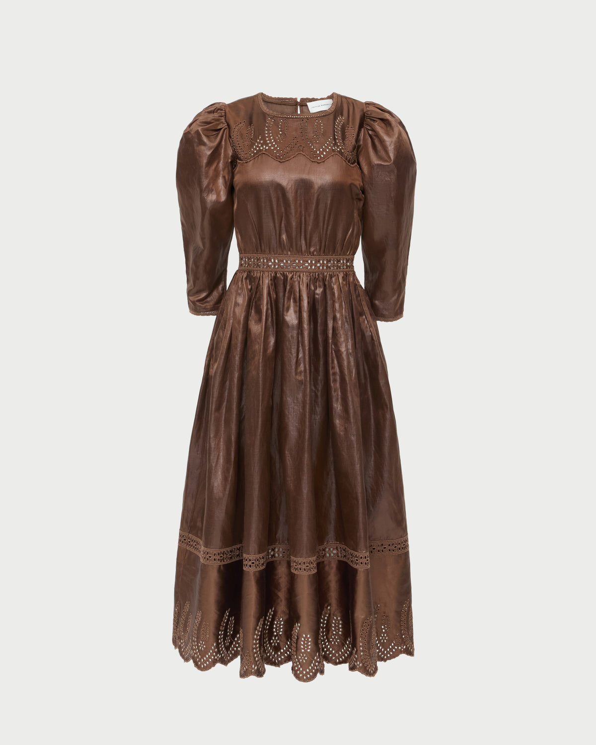 Thelma Eyelet Dress in brown linen.