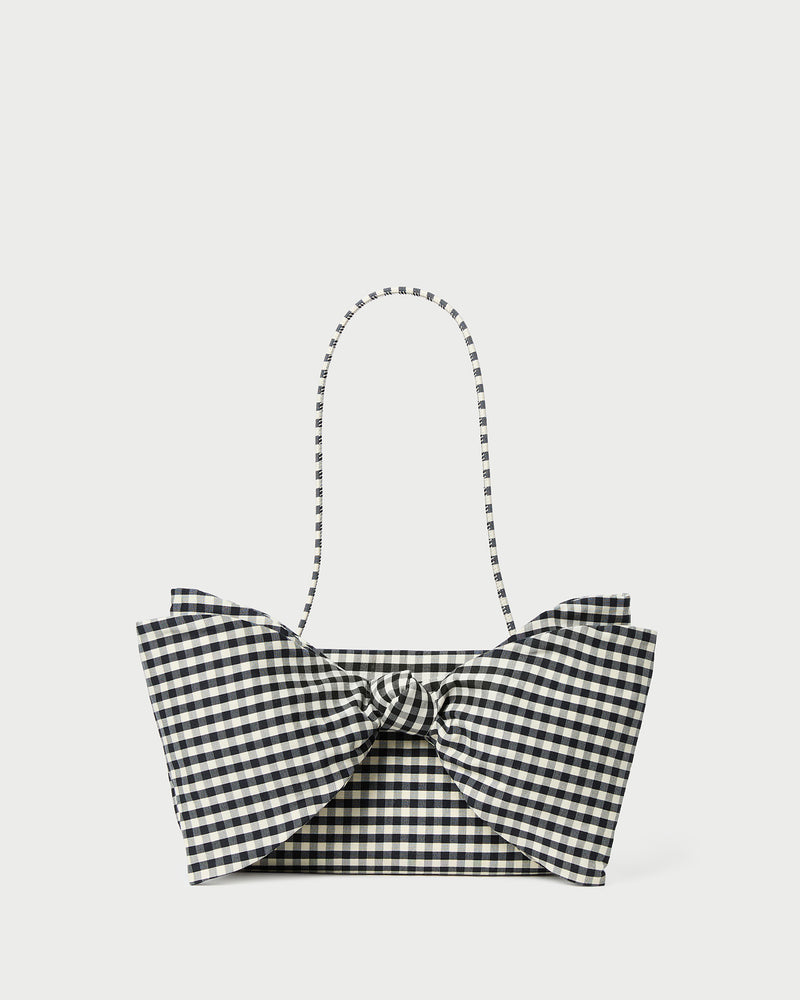 Valerie Black/White Gingham Bow Bag in brown and white gingham cotton silk.