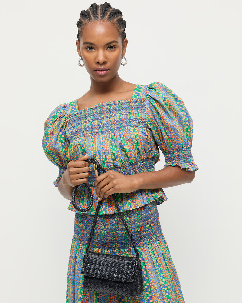 Vinnie Black Woven Leather Crossbody in black woven leather.