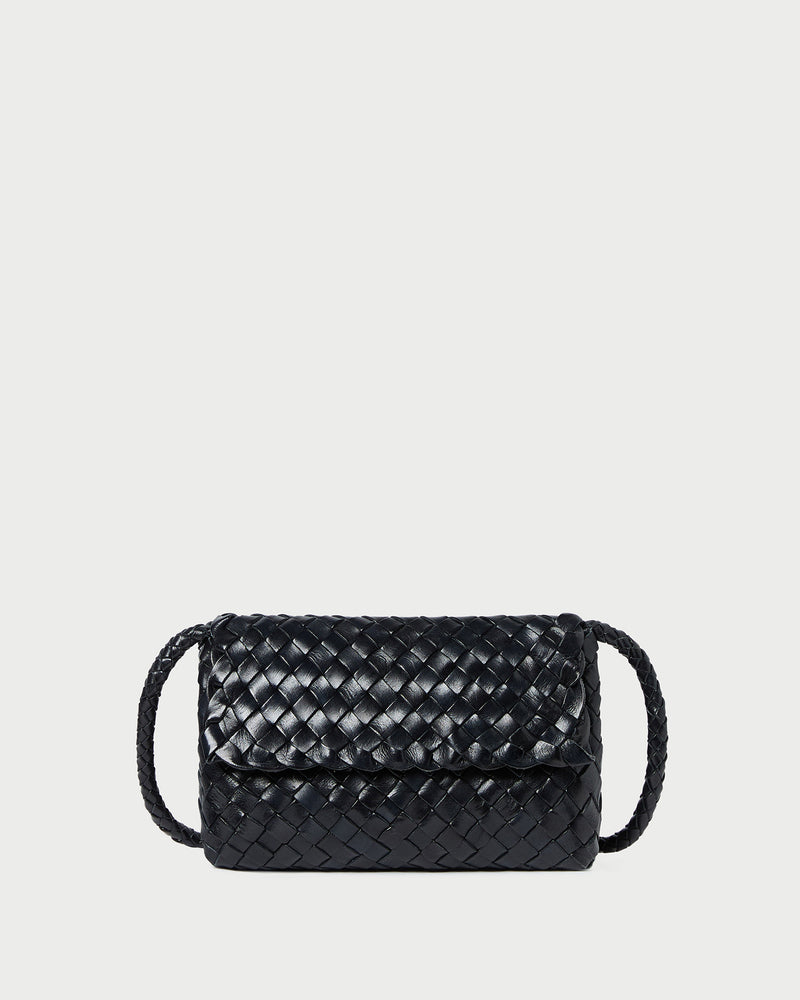 Vinnie Black Woven Leather Crossbody in black woven leather.
